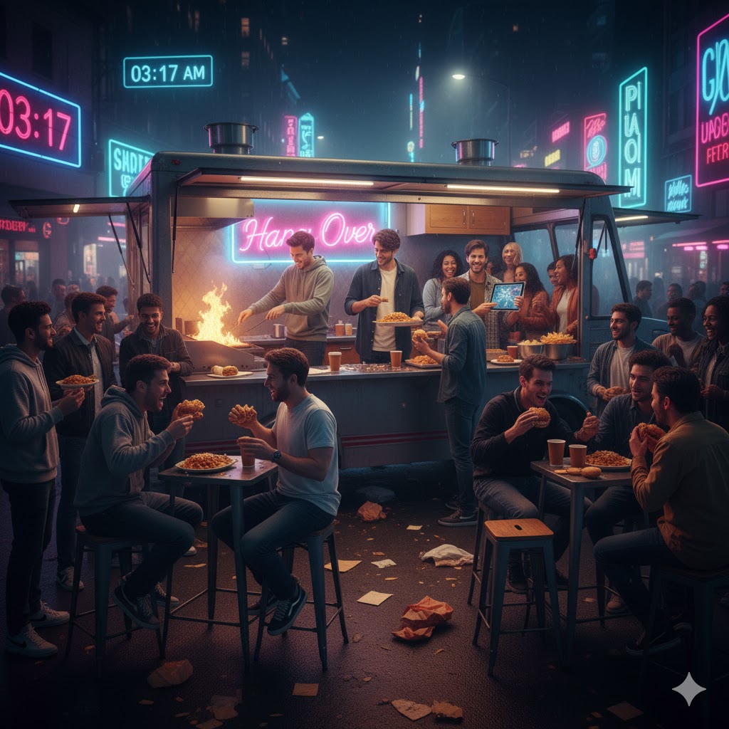 Hang Over Food Truck at night with customers